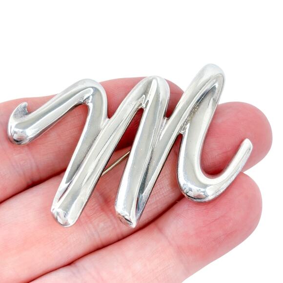 Vintage Thailand CNA Sterling Silver 925 Script Initial M Brooch - Picture 1 of 7